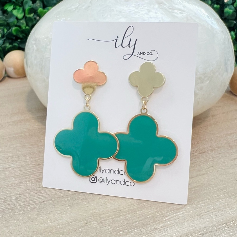 New Turquoise and Gold Clover Drop Dangle Earrings Lightweight | Coastal Geandma